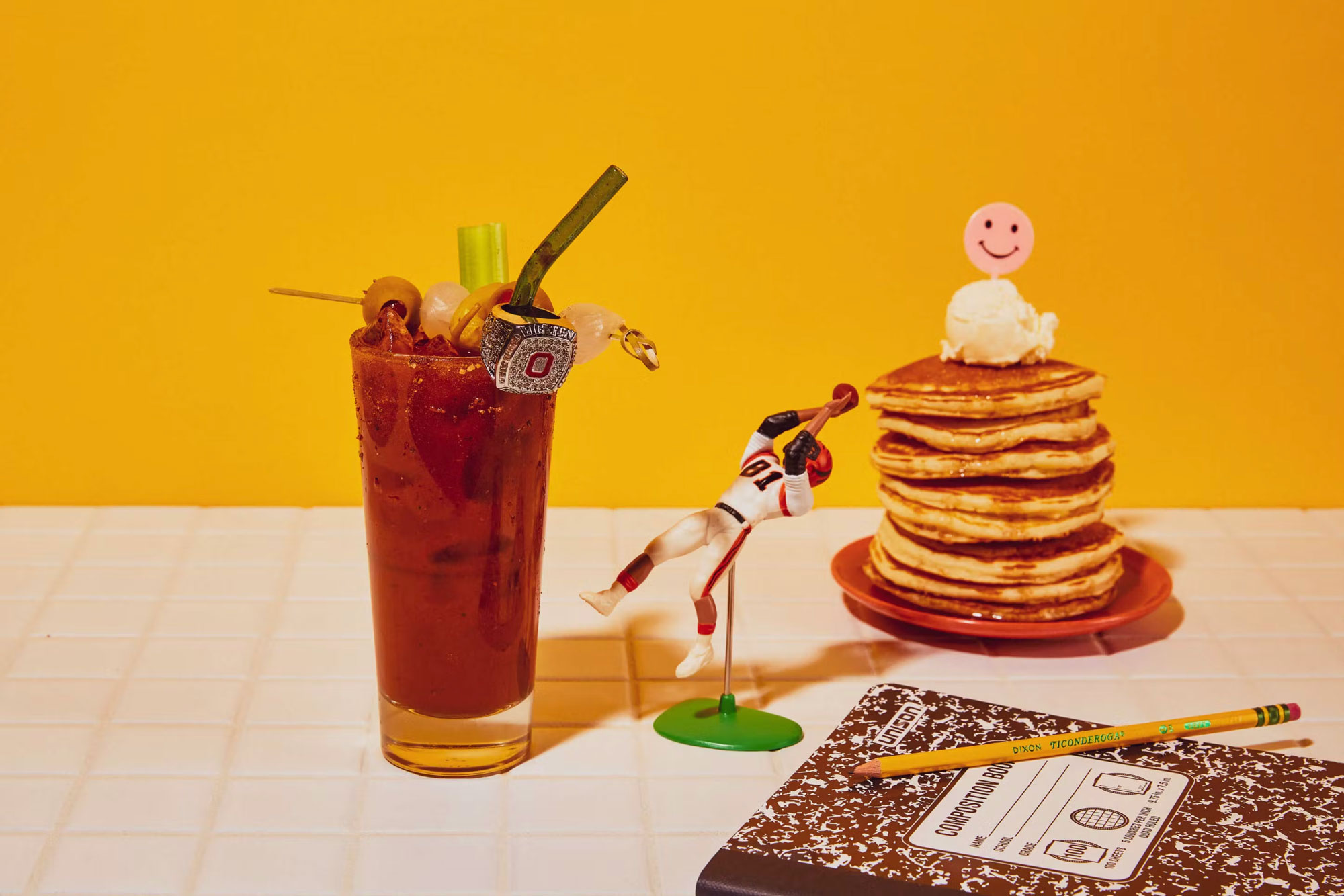 HangOverEasy Drink Menu, bloody mary with a big stack of pancakes