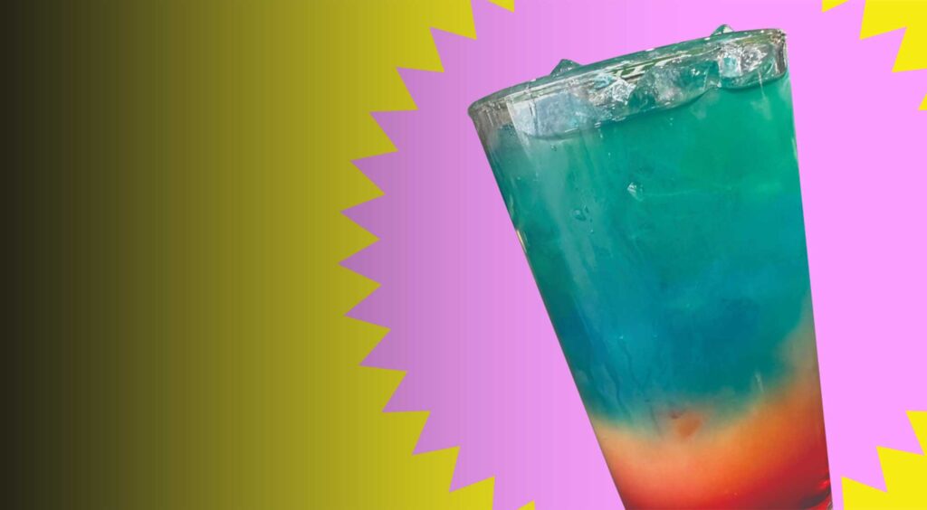 Rainbow Mimosa that looks like a bomb pop with aqua, red and orange